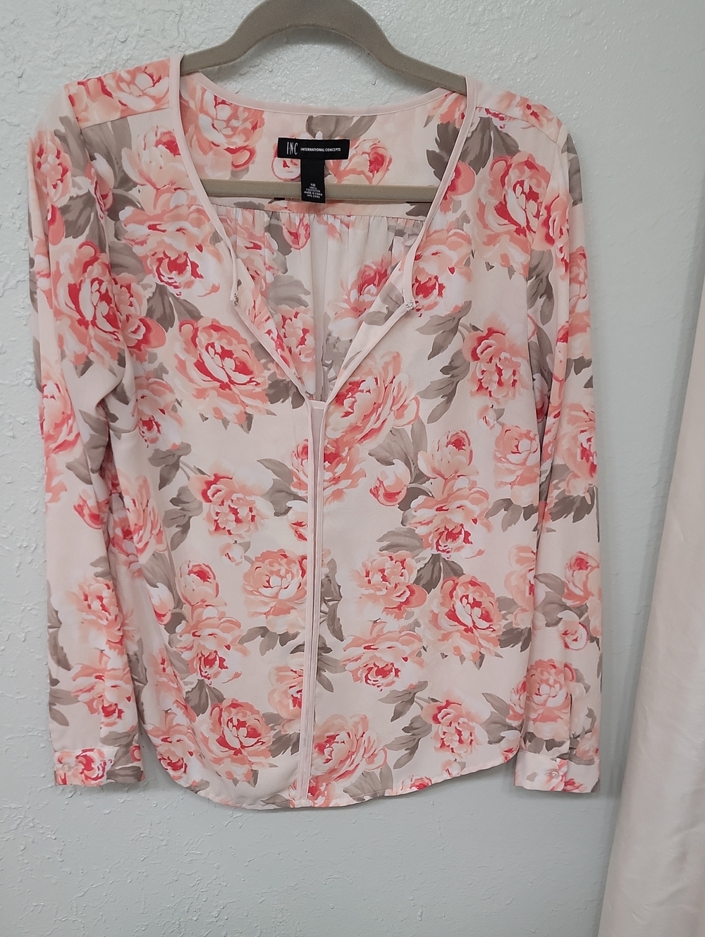 INC International Concepts Cream Blouse with Pink Floral Print